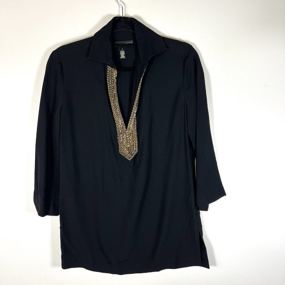 RALPH LAUREN Top Womens 4 Tunic Crepe Embellished Popover Black Label Black USA